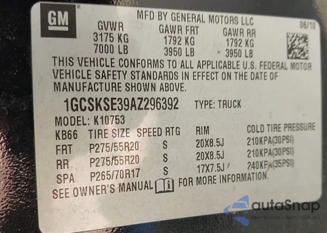 2010 Chevrolet Silverado 1500 Lt from USA, damaged, VIN 1GCSKSE39AZ296392
